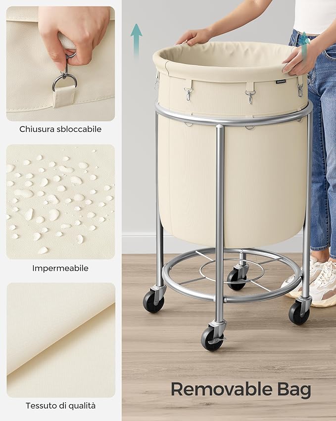 SONGMICS Laundry Basket with Wheels, Rolling Laundry Hamper, 29 Gal., Round Laundry Cart with Steel Frame and Removable Bag, 4 Casters and 2 Brakes, Cream and Silver URLS002W01