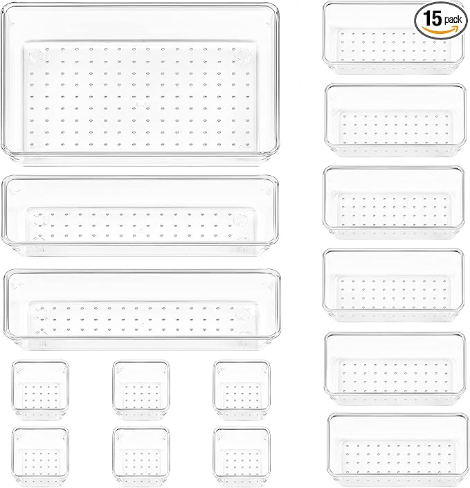 Vtopmart 15 PCS Clear Plastic Drawer Organizers Set, 4-Size Versatile Bathroom and Vanity Organizer Trays, Non-Slip Storage Containers for Makeup, Jewelries, Bedroom，Kitchen Utensils and Office-NeatNest