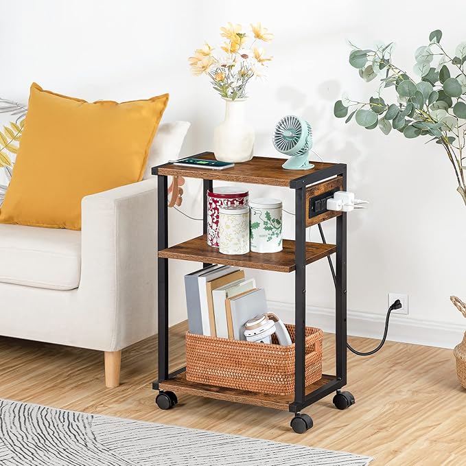 HOOBRO Industrial Printer Stand with Charging Station, 3-Tier Printer Table, Rolling Printer Cart with Adjustable Shelf and Hook, Rustic Brown and Black BF28UPS01-NeatNest