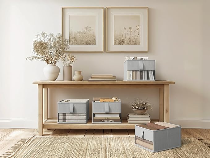 Foldable Storage Bins with Clear Window, Fabric Organizer for Closet, Shelves & Cubes - Breathable, Odor-Free Storage Boxes for Towels, Clothes, Toys, Books - 14.75"x10.25"x8", Light Grey, 3-Pack-NeatNest