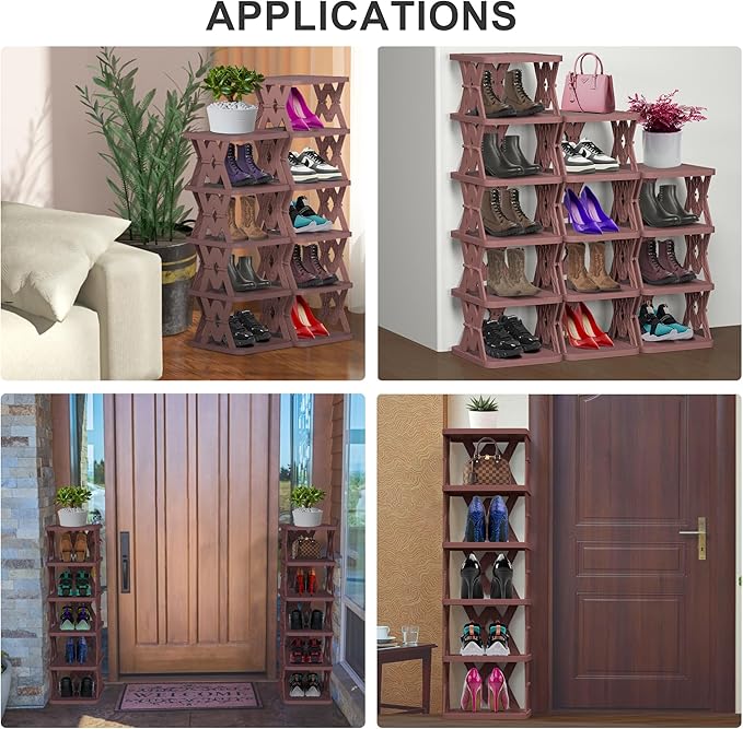 Small Shoe Rack, 6 Tier Foldable Shoe Organizer Without Assembly, Fake Wood-Pattern Match Floor Well, for Entryway, Front Door Entrance, Bedroom, Brown-NeatNest