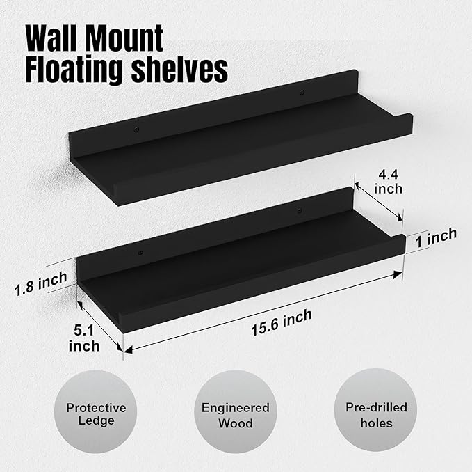 Floating Shelves Wall Mounted Set of 2, Modern Black Wall Shelves for Storage with Lip, Display Picture Ledge Shelf for Wall Decor Bedroom Living Room Bathroom Kitchen-NeatNest