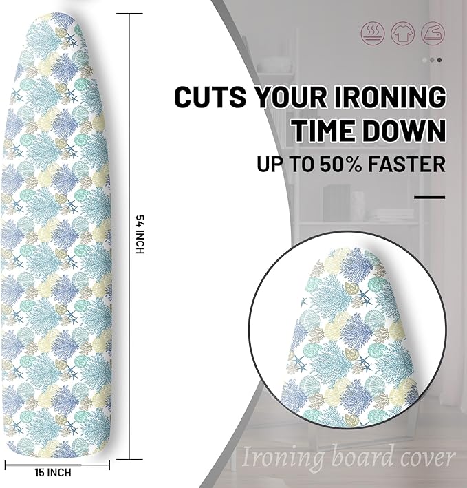 Extra Thick Ironing Board Cover and Pad, Nautical Coastal Ocean Beach Seashell Starfish 15x54 Ironing Board Cover, Resist Scorching and Staining,Elastic Edges,Marine Underwater