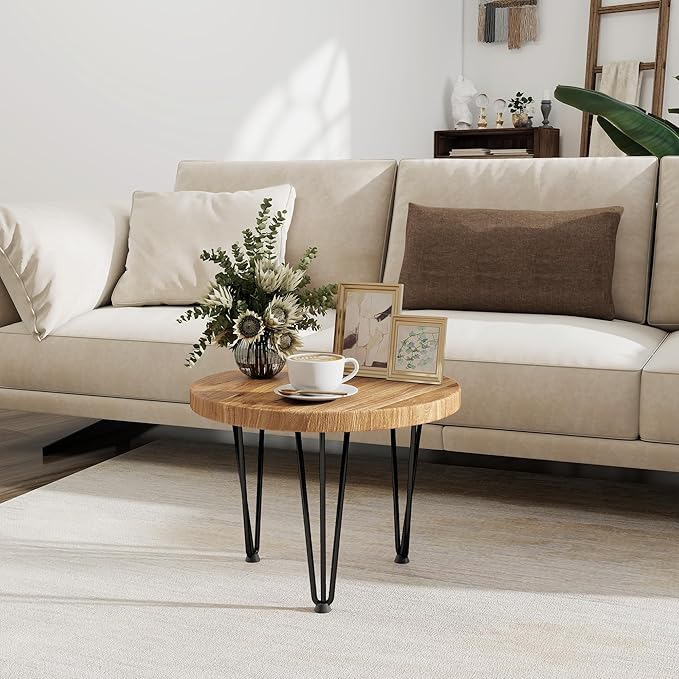 Fun Memories Round Coffee Table - Elm Wood Nesting Table with Metal Legs & Non Slip Feet Base - Rustic Nesting End Tables for Living Room Bedroom - 20" D x 20" W x 16" H - Natural Color