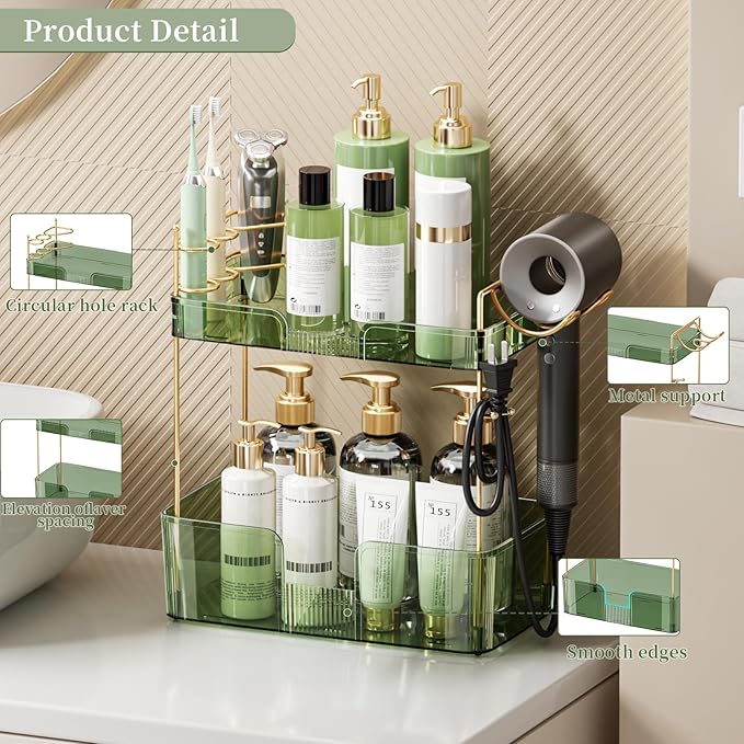 YCIA&DONE Luxury Bathroom Counter Organizer, Large Makeup Organizer Countertop, Shelf Organizer, Vanity Tray, Easily Assemble for Bathroom Organizers and Storage, Undersink, Cabinet, 2 Tiers Green-NeatNest