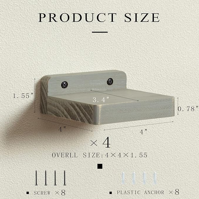Freezing point Small Floating Shelf for Wall Set of 4 Natural Wood 4Inch Mini Wall Shelves Decor Plant Display Collectibles Mounted Kitchen Bathroom Bedroom Corner Decorative Storage Tiny Stand Grey-NeatNest
