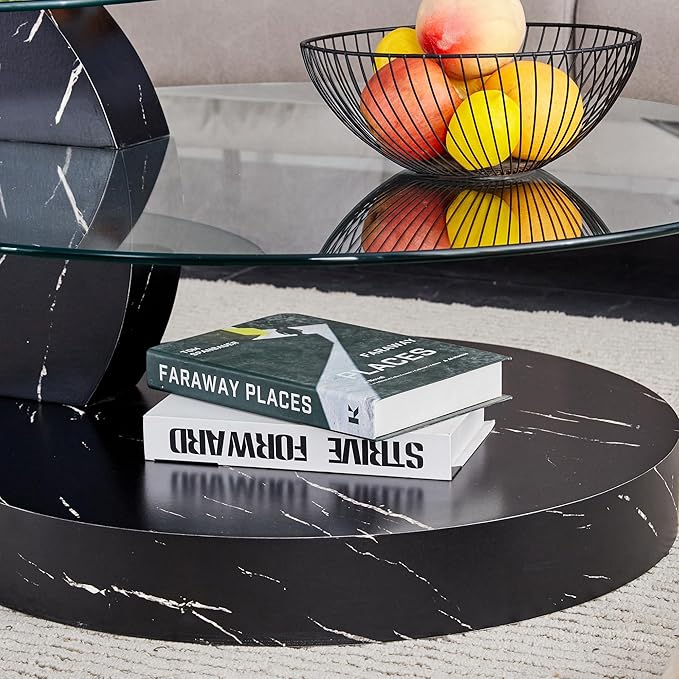 Glass Coffee Tables for Living Room Round Coffee Tables Modern Double Layer Round Table Circle Coffee Table for Small Space Home Office (42 Inch Black)
