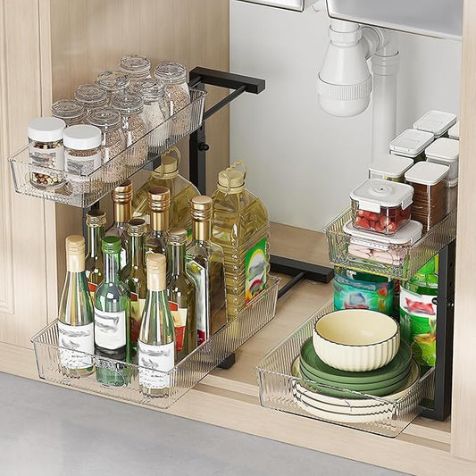2 Pack Under Sink Organizer, 2 Tier Pull Out Storage Organizer, Slide Out Storage Shelf for Bathroom & Kitchen, Under Cabinet Organizer and Storage with 5 Gears Height Adjustable (Black)-NeatNest