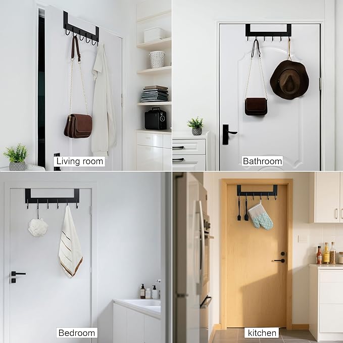 WEBI Over The Door Hooks Door Hanger,Over Door Towel Rack with 6 Hooks,Door Coat Hanger Over Door Coat Rack for Clothes,Black,2 Packs