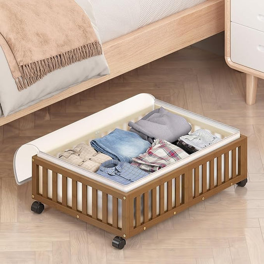 Bamboo Under Bed Storage Containers with Wheels, Rolling Under the Bed Shoe Storage Bins, Wood Stackable Underbed Drawers with Bag Organizer for Bedroom Closet Clothing Under Crib Toy Walnut 1PCS-NeatNest