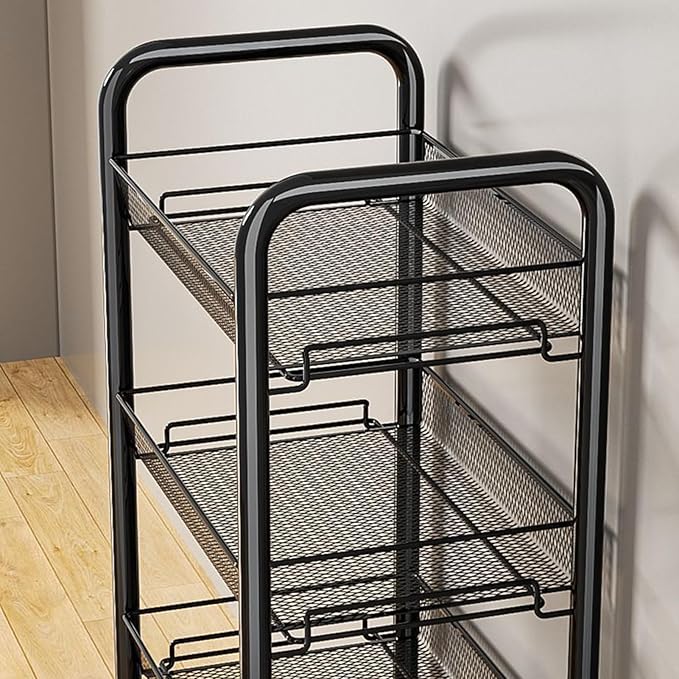 3/4/5 Tier Fruit Vegetable Basket, Stackable Metal Mesh Storage Basket with 360 Degree Wheels, Fruit Vegetable Produce Basket Storage Organizer for Kitchen, Pantry, Bathroom Black 3-Layers