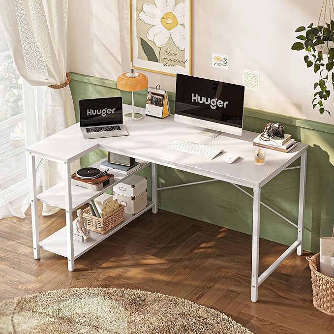 Huuger L-Shaped Desk - 47" Reversible Storage Corner Gaming Desk, Metal Frame, White-NeatNest