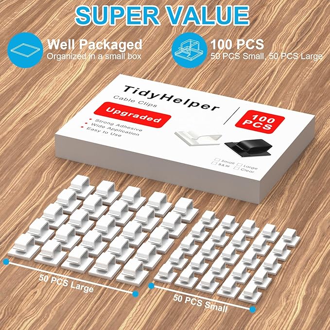 100 PCS Adhesive Cable Clips White (Small & Large), Upgraded Wall Wire Holder for Cord Organizer Cable Management, Outdoor Light Clips Hooks for LED, Car Dash Cam, HDMI, Extension Cord-NeatNest