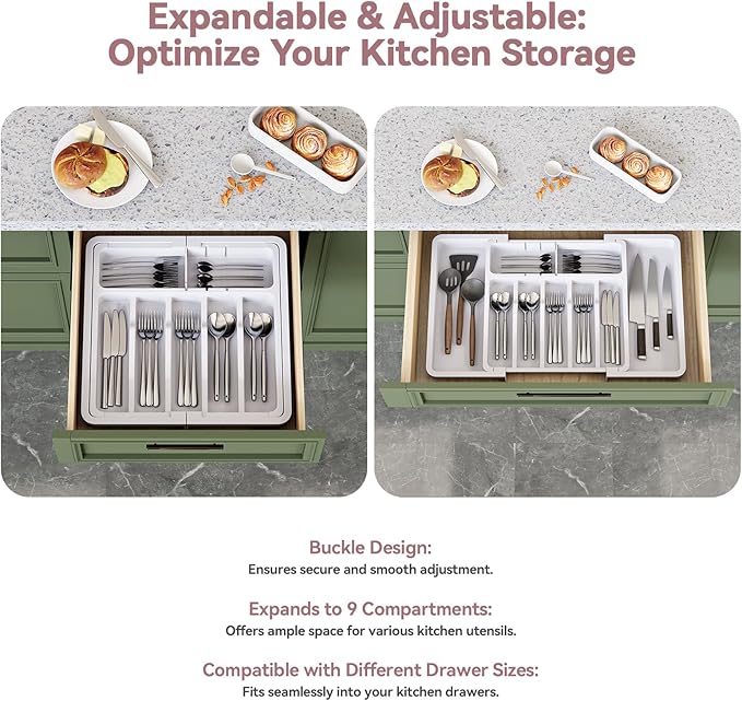 2 Pack Silverware Organizer, Expandable and Adjustable Kitchen Utensil Drawer Organizer, Plastic Cutlery Holder with Multiple Compartments,Cutlery Holder,for Spoons Forks Knives,White,UAFD012W-NeatNest