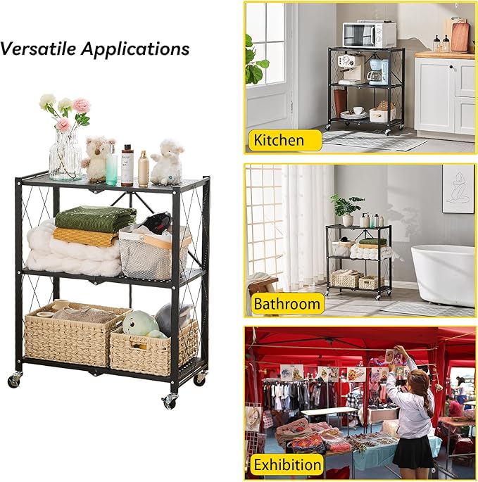 BRIAN & DANY 3-Shelf Foldable Storage Shelves with Wheels, No Assembly Folding Shelf Metal Rack, Shelving Unit for Kitchen, Garage, Black-NeatNest