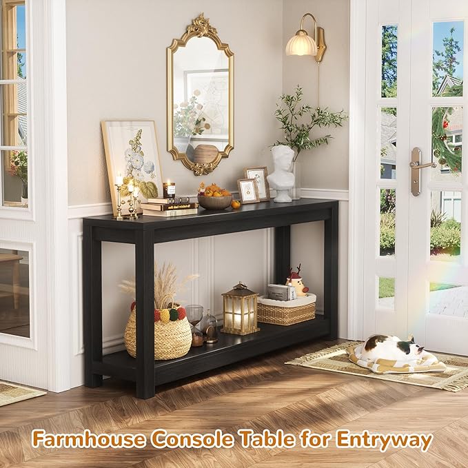 47" Farmhouse Wood Entryway Table Narrow Console Table with Storage Behind Couch Sofa Table with Shelves for Entry Way with Open Storage, Easy Assembly, Embossed Wood Grain Black-NeatNest