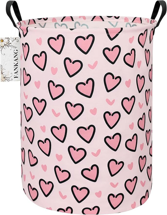 FANKANG Storage Basket, Nursery Hamper Canvas Laundry Basket Foldable with Waterproof PE Coating Large Storage Baskets for Kids Boys and Girls, Office, Bedroom, Clothes,Toys(Pink Love)
