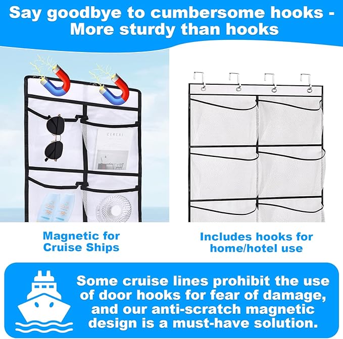 Over The Door Organizer For Cruise Ships|Magnetic Door Organizers with 14-Pocket for Cruise Ship|61"x11"|Cruise Over the Door Organizer,Magnetic Shoe Rack for Cruise,Behind-Door Storage-NeatNest