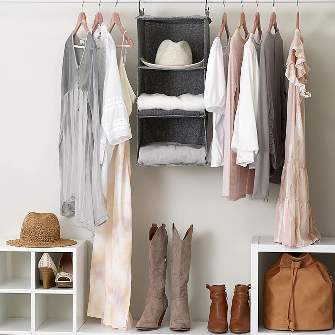 Household Essentials 3 Shelf Hanging Closet Organizer, Hanging Shelf with Hooks, Poly Linen and PEVA Shelving-NeatNest