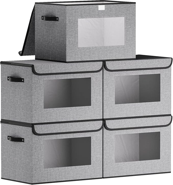Cloth Storage Cubes, Decorative Linen Closet Organizers Bins, 17.7 x 11.8 x 11.8 inch Blanket Baskets for Shelves with Lids, Clothes Boxes with Handles, Gray, 5-Pack-NeatNest