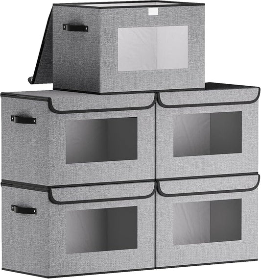 Cloth Storage Cubes, Decorative Linen Closet Organizers Bins, 17.7 x 11.8 x 11.8 inch Blanket Baskets for Shelves with Lids, Clothes Boxes with Handles, Gray, 5-Pack-NeatNest