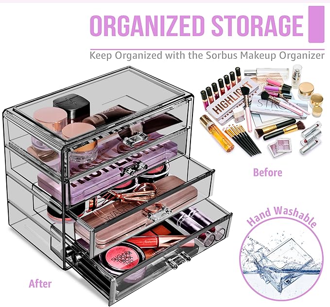 Sorbus Makeup Organizer - 4 Drawer Acrylic Make Up Organizers and Storage for Cosmetics, Jewelry, Beauty Supplies, Clear Makeup Organizer for Vanity, Girl's Room, College Dorm, Counter, Bathroom Sinks