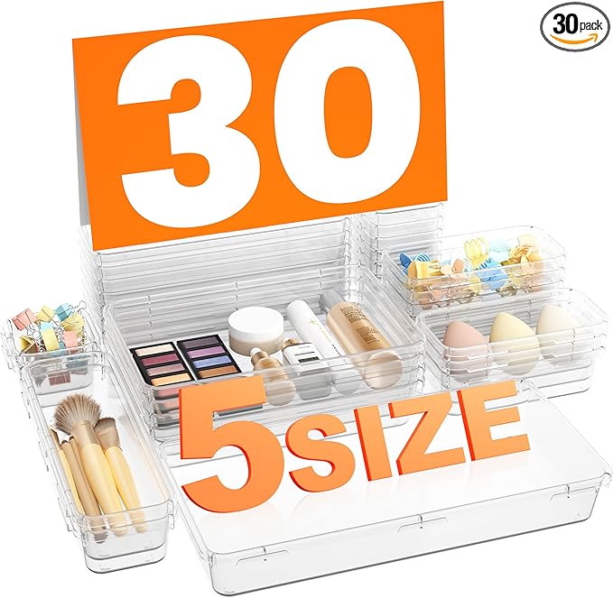 A-LuGei 【𝟯𝟬𝗣𝗰𝘀】【𝟱𝗦𝗶𝘇𝗲】 Drawer Organizer, Bathroom Organizers and Storage, Makeup organizer, Desk drawer organizer, Storage Bins for Kitchen Office Bedroom Vanity Tool Trays【𝐂𝐥𝐞𝐚𝐫】-NeatNest