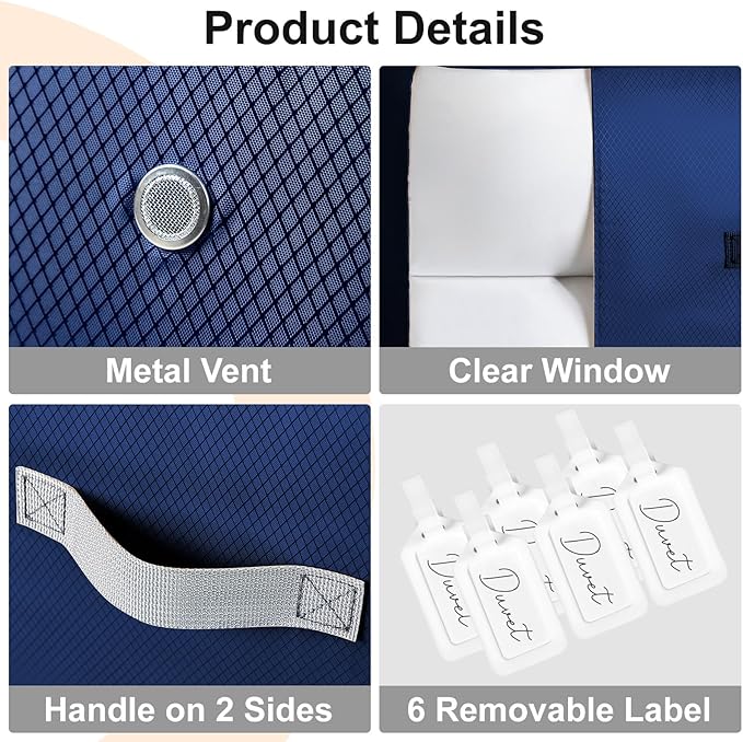 Comforter Storage Bag - 130L Blanket Storage Bags 3-Layer Ultra Space Saving Self Compression Organizer, Washable Compression Bags for Storage Comforter Blanket, 6-Pack, Navy Blue-NeatNest