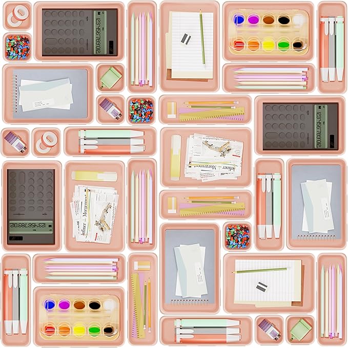 45 Pack Pink Plastic Drawer Organizer Trays - 3-Size Storage for Kitchen, Bathroom, Office, Vanity, Makeup, Utensils, Junk Drawer Organizer Bins, Gadget Trays-NeatNest