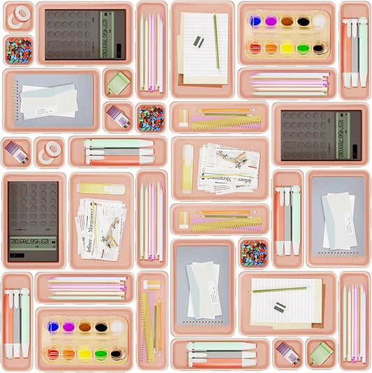 45 Pack Pink Plastic Drawer Organizer Trays - 3-Size Storage for Kitchen, Bathroom, Office, Vanity, Makeup, Utensils, Junk Drawer Organizer Bins, Gadget Trays-NeatNest