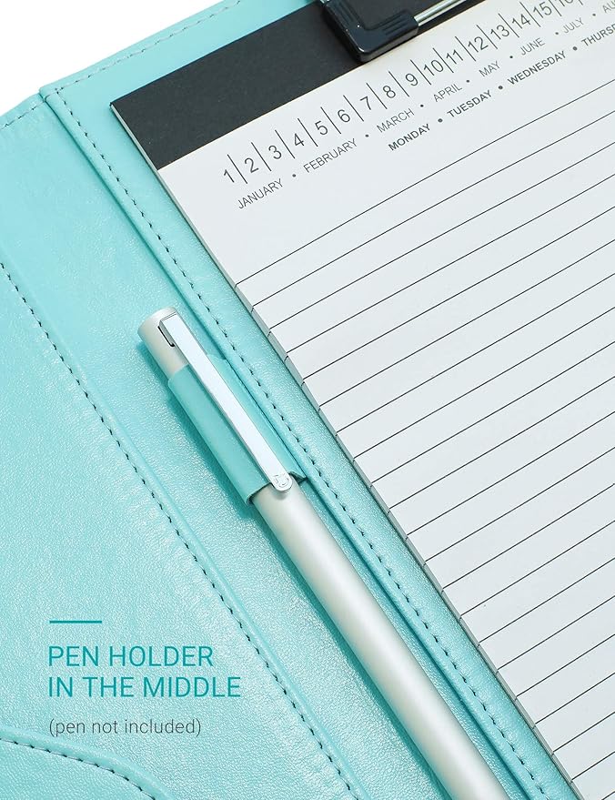Clipboard Folder Padfolio, Writing Portfolio Faux Leather Clipboards with Cover for Legal Pad Holder Letter Size A4 8.5 x 11 for Business Conference Notepad Clip Boards (Pale Turquoise)-NeatNest