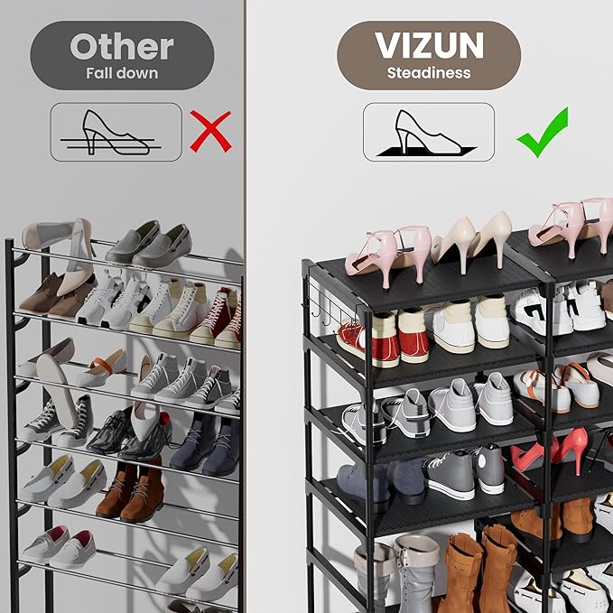 VIZUN 8 Tier Tall Shoe Rack Heavy Duty Sturdy Metal, 26-30 Pairs Boots Storage, Shoes Organizer with Pockets for Entryway Garage-NeatNest