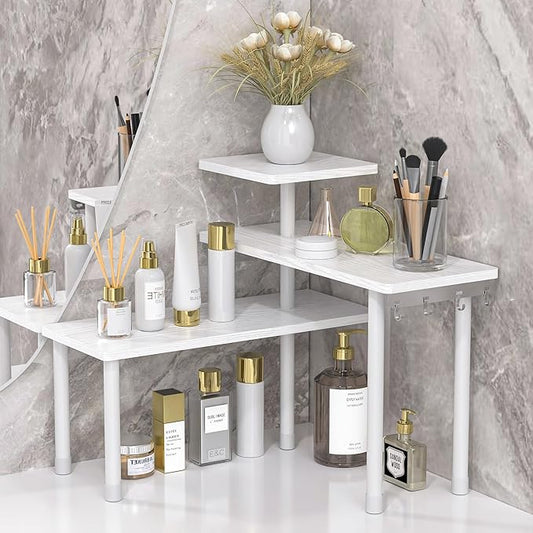 JayRex Bathroom Organizer Countertop Corner Shelf, 3 Tier Moveable Organizer for Make Up, Dresser Table, Desktop (White)-NeatNest