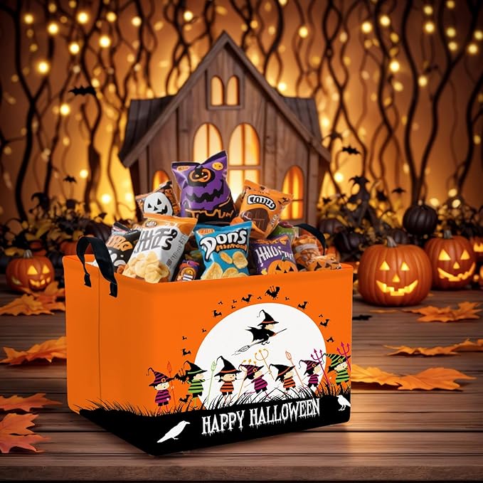 Halloween Basket Gift Cute Pumpkin Ghost Parties Decor Kid Trick or Treat Basket for Boys and Girls Rectangular Storage Bin Box (Witch)-NeatNest