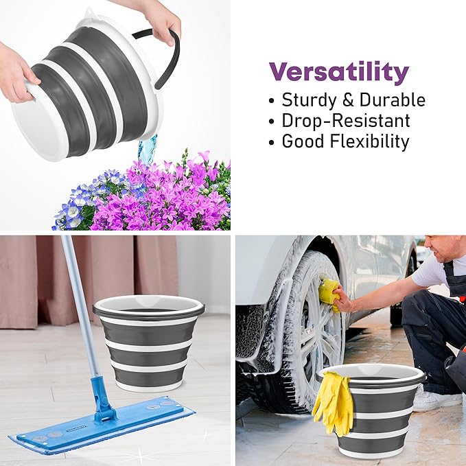 Superio Collapsible Bucket 2 Gallon Bucket with Handle Grey Car Wash Bucket Small Foldable Silicone Pail for Camping, Fishing, Cleaning, Mopping, 10 Liter, 4