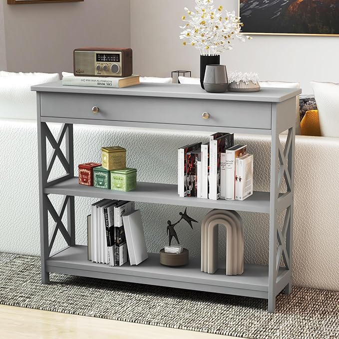 GOFLAME 39" Console Sofa Table with Drawers, 3-Tier Narrow Entry Table with Storage Shelves for Living Room Behind Couch, Entryway, Hallway (Grey)-NeatNest