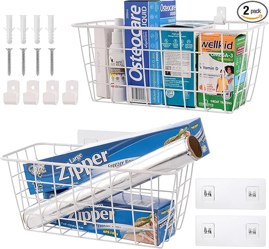 LIGHT DUST Wire Hanging Wall Basket, 2 White Baskets Set, Adhesive Wall Mount Organizer for Pantry Kitchen RV Bathroom Cabinet Storage Organization-NeatNest