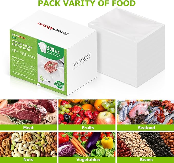 Bonsenkitchen Precut Vacuum Sealer Bags, 500 Pint 6" x 9" Food Sealer Bags,Commercial Grade, BPA Free, Heavy Duty, Customized Size Vacuum Bags for Vac Storage, Meal Prep or Sous Vide Cooking, VB11-NeatNest