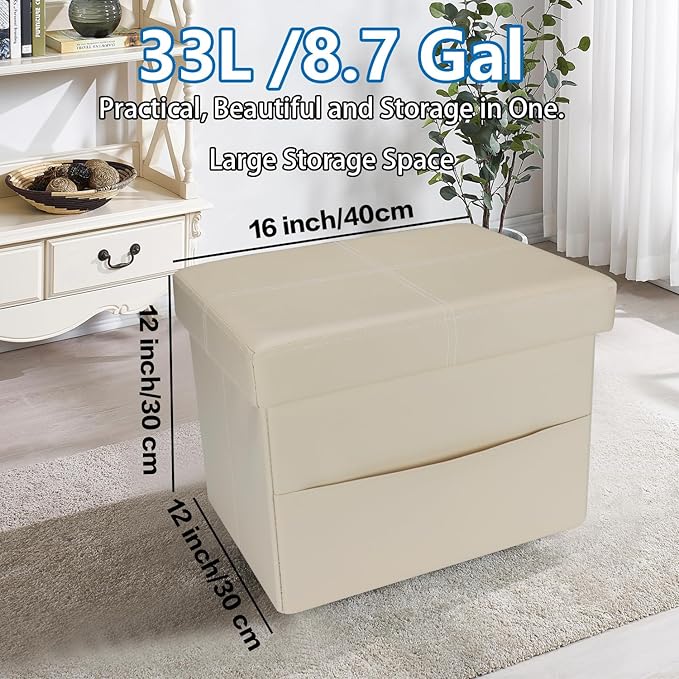 AmasSmile Storage Ottoman Folding Foot Rest Stool with Side Pocket, 16 inch Leather Footstool Bench, Short Ottoman Bench, Storage Foot Rest Store, Books (Beige-2)-NeatNest