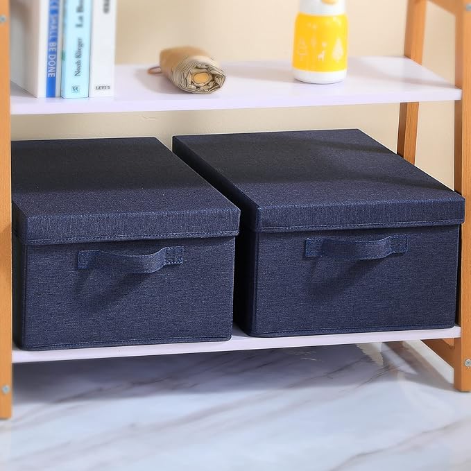HOONEX Foldable Storage Bins with Lids, Pack of 2, Storage Boxes with 2 Carrying Handles and Heavy Cardboard, 16.5" L x 11.8" W x 7.5" H for Shoes, Clothes, Blue-NeatNest