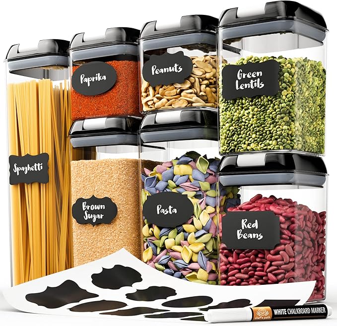 Chef's Path - Set of 7 Airtight Food Storage Containers for Kitchen Storage - Clear Plastic - Durable Strong Lids - Labels and Chalk Marker-NeatNest