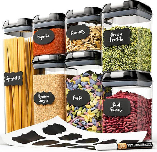 Chef's Path - Set of 7 Airtight Food Storage Containers for Kitchen Storage - Clear Plastic - Durable Strong Lids - Labels and Chalk Marker-NeatNest