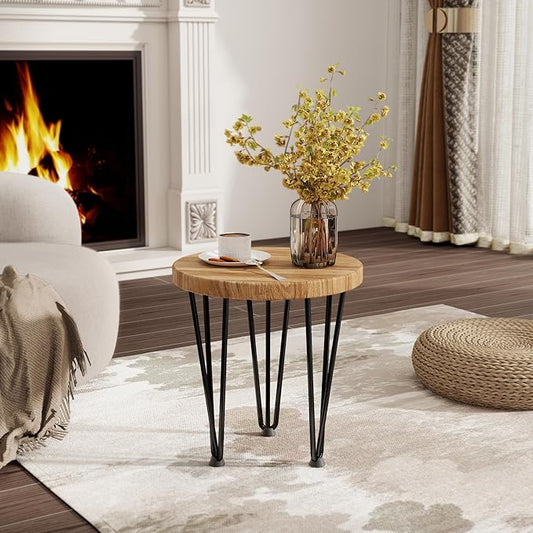 Fun Memories Round Coffee Table - Elm Wood Nesting Table with Metal Legs & Non Slip Feet Base - Rustic Nesting End Tables for Living Room Bedroom - 14" D x 14" W x 16" H - Natural Color