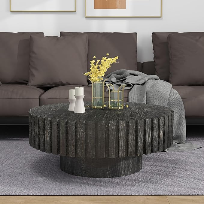 31.4" Round Modern Coffee Table, Wood Coffee Tables for Living Room, Minimalist Tea Table Circular Wooden Coffee Tables for Small Space Office Apartment Black