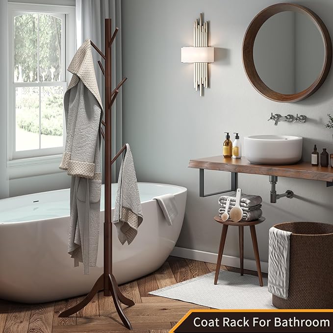 Coat Rack Freestanding, Coat Stands Entryway, Bamboo Coat Rack Hat Hanger 8 Hook for Jacket, Purse, Scarf Rack, Umbrella Tree Stand (Brown)-NeatNest