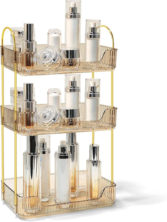 Bathroom Counter Organizer Countertop Storage Skincare Countertop Makeup Organizer Cosmetics Skincare Organizers Holder for Perfume-Amber-Golden Pole-3 Tier-NeatNest