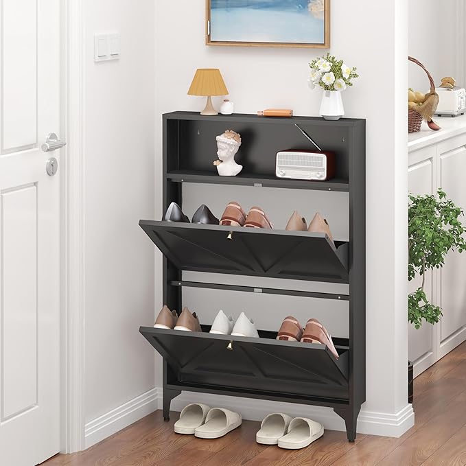 Shoe Cabinet with 2 Flip Drawers, Farmhouse Shoe Organizer, Narrow Shoe Rack Cabinet, Freestanding Shoe Storage Cabinet with Open Storage for Entryway, Foyer, Hallway, Black (2 Door, Black)