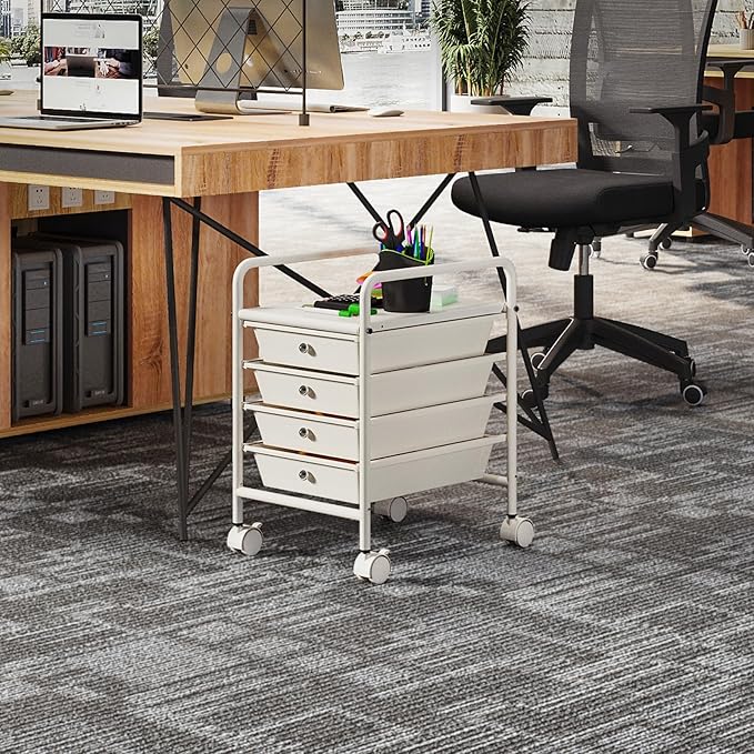 4-Tier Utility Cart with 4 Drawers, Rolling Utility Cart with 2 Lockable Caster Wheels, Multipurpose Mobile Rolling Drawer Cart for Office Bathroom Kitchen, Ivory White
