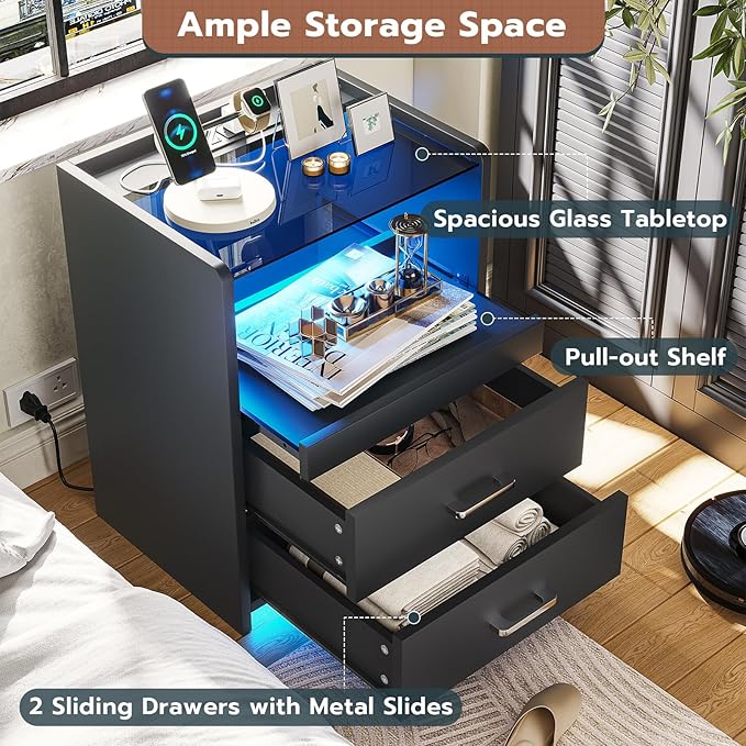 VIAGDO Nightstands Set of 2 with Charging Station and LED Lights, Black Night Stand Set 2 with Glass Top and Storage Drawers, End Side Tables with Pull-Out Tray, Modern Bedside Tables for Bedroom
