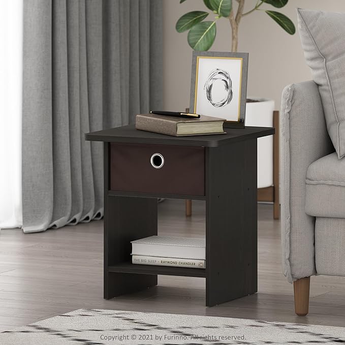 Furinno Dario End Table / Side Table / Night Stand / Bedside Table with Bin Drawer, 1-Pack, Espresso/Brown